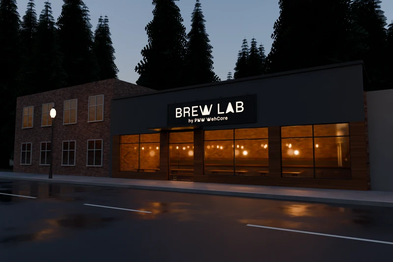 The Brew Lab storefront at dusk, with a lit BREW LAB sign and warm taproom windows facing the street.